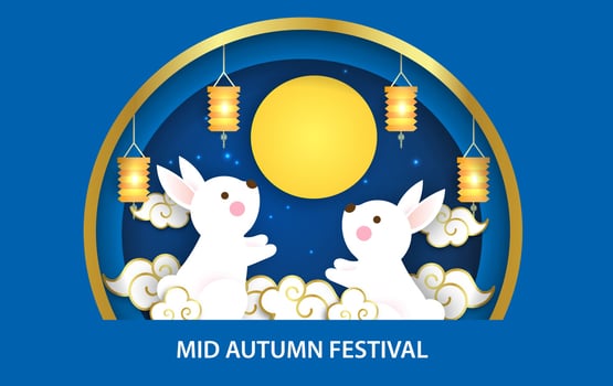 Mid Autumn Festival banner with cute rabbits in paper cut style. vector