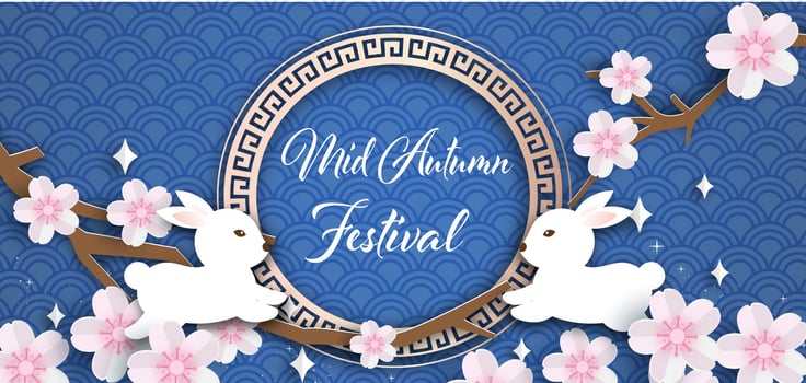 Mid Autumn Festival banner with cute rabbits in paper cut style. vector