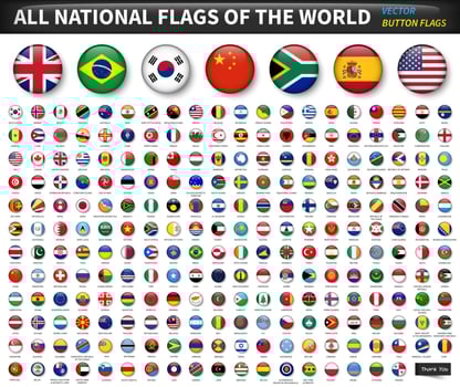All national flags of the world set. Circle convex button design . Elements vector .