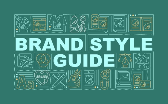 Brand style guide word concepts banner. Product promotion. Infographics with linear icons on green background. Isolated creative typography. Vector outline color illustration with text