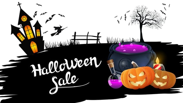 Halloween sale, black torn banner with witch's cauldron and pumpkin Jack vector