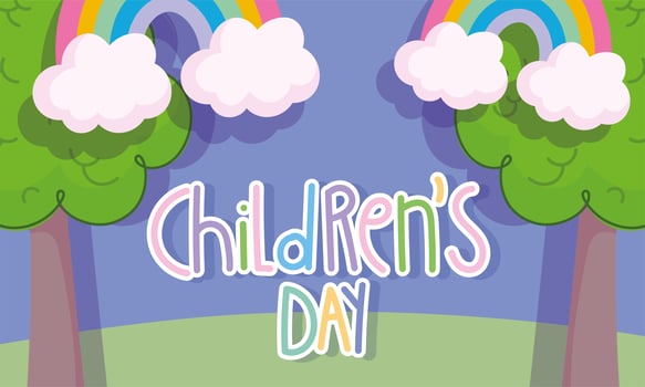 childrens day, hand drawn text trees clouds and rainbow cartoon vector