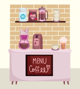coffee brewing methods, coffee shop counter drip maker pack frappe and cup vector
