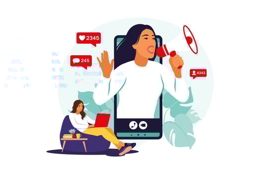 Blogger with loudspeakers announcing news, attracting target audience. Marketing, promotion, communication concept. Vector illustration. Flat.