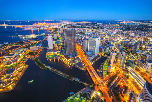 Aerial view of Yokohama port in Japan at night photo
