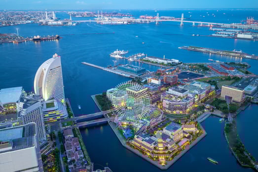 Aerial view of Yokohama port in Japan at night photo