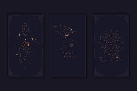 Set of mystical tarot cards. Elements of esoteric, occult, alchemical and witch symbols. Zodiac signs. Cards with esoteric symbols. Silhouette of hands, stars, moon and crystals. Vector illustration