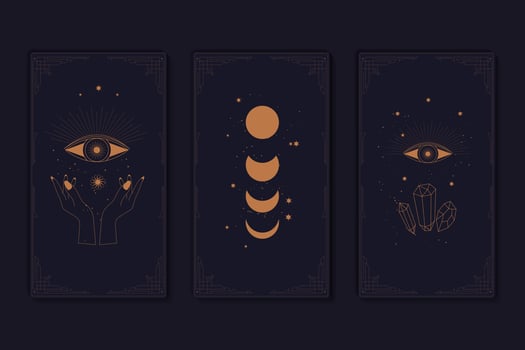 Set of mystical tarot cards. Elements of esoteric, occult, alchemical and witch symbols. Zodiac signs. Cards with esoteric symbols. Silhouette of hands, stars, moon and crystals. Vector illustration