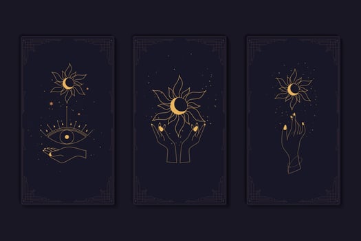 Set of mystical tarot cards. Elements of esoteric, occult, alchemical and witch symbols. Zodiac signs. Cards with esoteric symbols. Silhouette of hands, stars, moon and crystals. Vector illustration