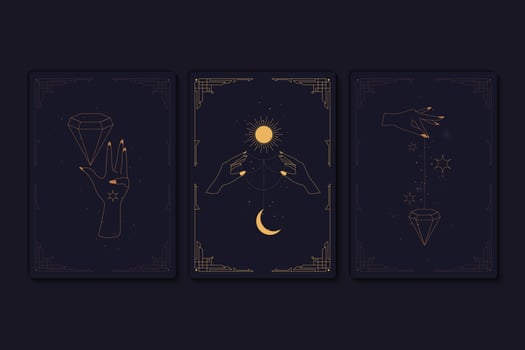 Set of mystical tarot cards. Elements of esoteric, occult, alchemical and witch symbols. Zodiac signs. Cards with esoteric symbols. Silhouette of hands, stars, moon and crystals. Vector illustration