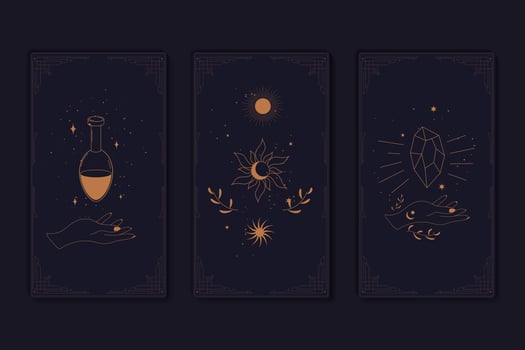 Set of mystical tarot cards. Elements of esoteric, occult, alchemical and witch symbols. Zodiac signs. Cards with esoteric symbols. Silhouette of hands, stars, moon and crystals. Vector illustration