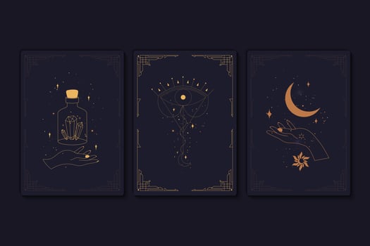 Set of mystical tarot cards. Elements of esoteric, occult, alchemical and witch symbols. Zodiac signs. Cards with esoteric symbols. Silhouette of hands, stars, moon and crystals. Vector illustration