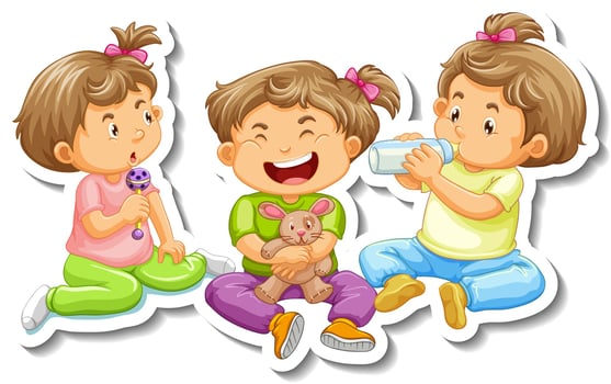 Sticker template with three baby girls cartoon character isolated vector