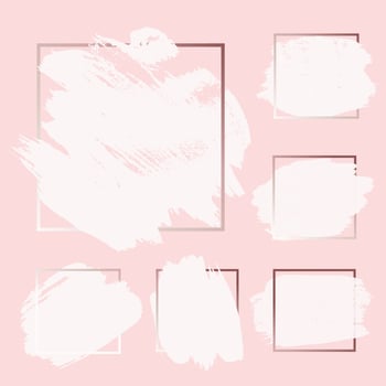 Pink Rose Gold Grunge Brush paint ink stroke with square frame backgrounds set. Vector Illustration