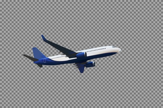Realistic 3D model of an airplane flying in the air of white and blue coloring on a transparent background. Vector Illustration