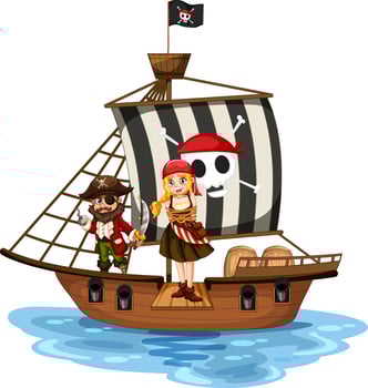 Pirate concept with a girl cartoon character walking the plank on the ship isolated vector