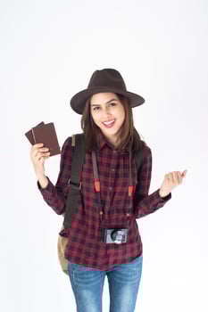 Beautiful traveller woman on white background photo