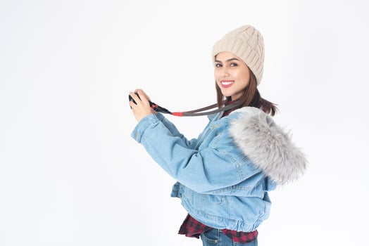 Beautiful traveller woman on white background photo