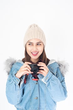 Beautiful traveller woman on white background photo