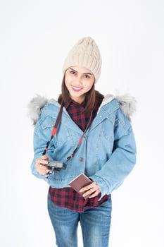 Beautiful traveller woman on white background photo