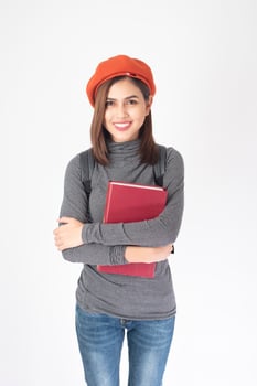 Beautiful university woman on white background photo