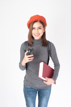 Beautiful university woman on white background photo