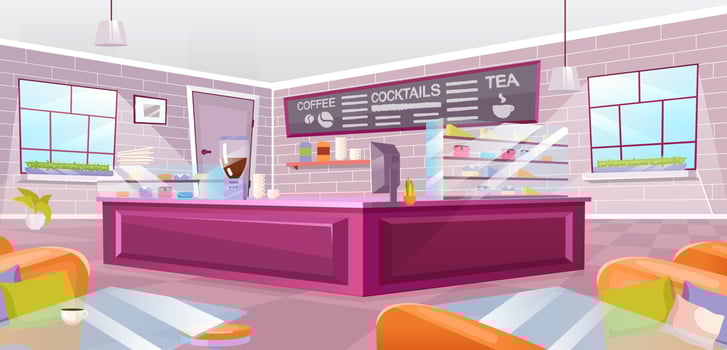 Cafe interior flat vector illustration. Empty cafeteria with pink counter, glass tables and cozy armchairs. Modern urban coffee shop furnishing. Cartoon spacious pub with vintage brick wall
