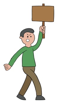 Cartoon Angry Protester Man Holding Wooden Sign and Walking, Vector Illustration