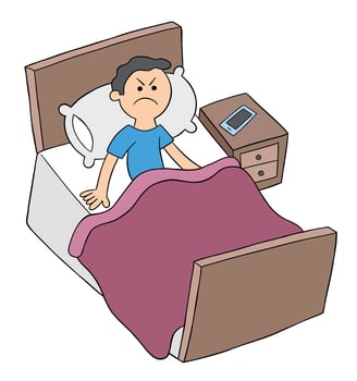 Cartoon Man is in Bed But Angry, can not Sleep, Vector Illustration