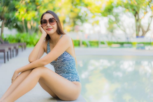 Beautiful young asian women happy smile relax around outdoor swimming pool in hotel resort for travel in holiday vacation photo