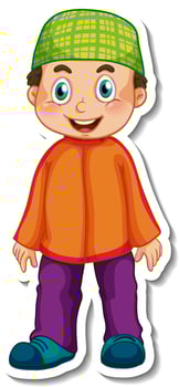 A sticker template with Muslim boy in standing pose cartoon character vector