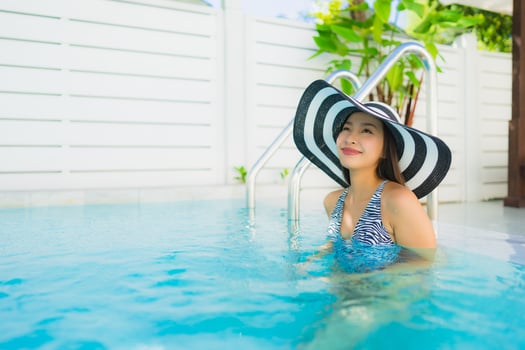 Portrait beautiful young asian woman happy smile relax around outdoor swimming pool photo