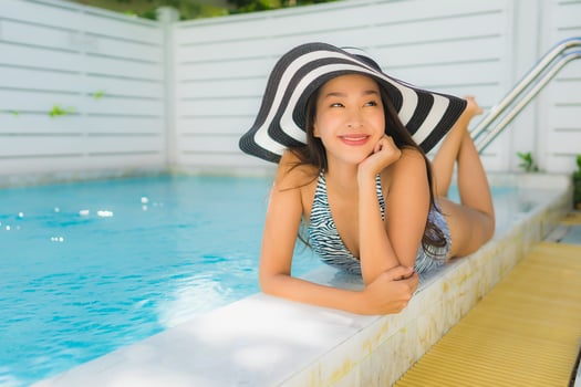 Portrait beautiful young asian woman happy smile relax around outdoor swimming pool photo