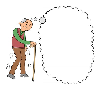 Cartoon Old Man With Cane Sad and Thinking Vector Illustration