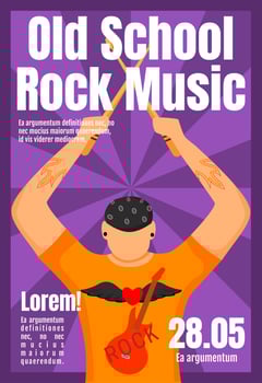 Old school rock music brochure template. Drummer. Concert, gig. Flyer, booklet, leaflet concept with flat illustration. Vector page cartoon layout for magazine. Advertising invitation with text space