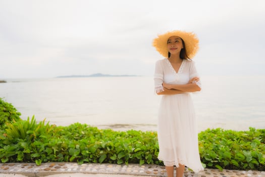 Portrait beautiful asian woman wear hat with smile happy leisure on the beach and sea in holiday vacation photo