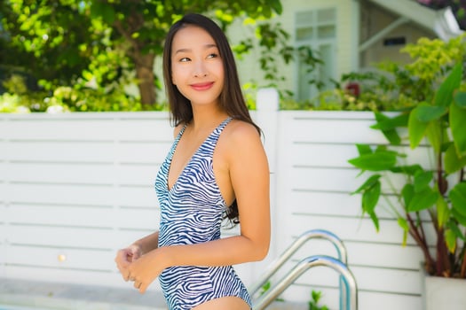 Portrait beautiful young asian woman happy smile relax around outdoor swimming pool photo