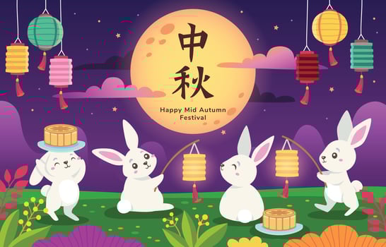 Cute Rabbits Celebrating Mid Autumn Festival vector