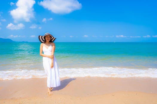 Portrait beautiful young asian woman happy smile leisure on the beach sea and ocean photo