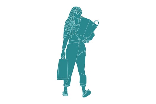 Vector illustration of fashionable woman came home from the supermarket, Flat style with outline