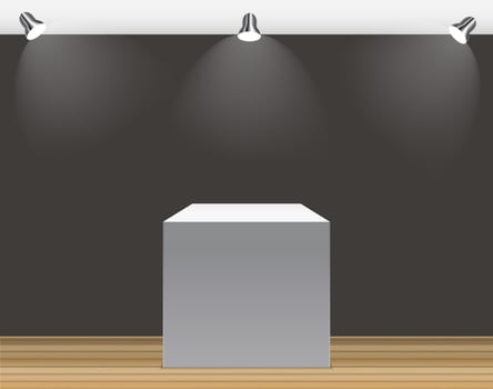 Exhibition Concept, White Empty Box, Stand with Illumination on Gray Background. Template for Your Content. 3d Vector Illustration