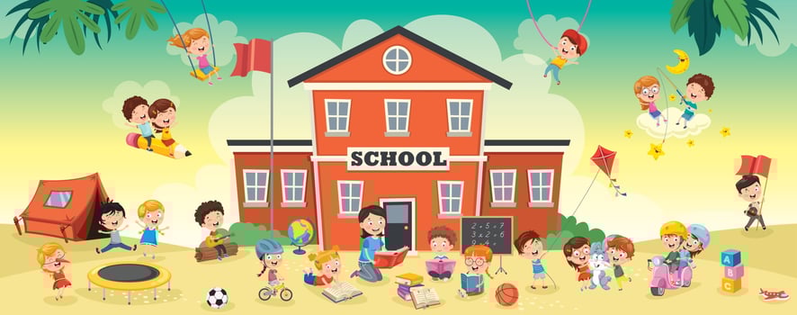 Funny Students and School Building vector