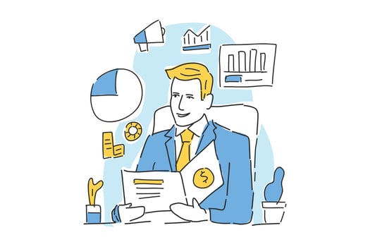 happy businessman look report finance drawn illustration vector
