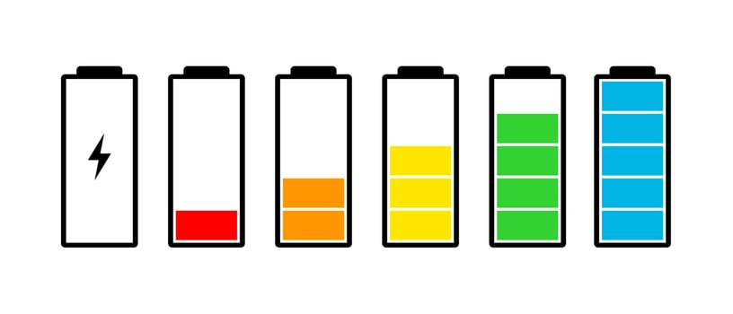 Battery charge indicator icons set. Charging level full power low to high up and electric plug. Gadget flat energy status vector illustration