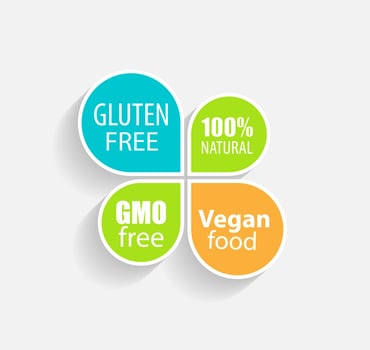 Gmo Free, 100 Natutal, Vegan Food and Gluten Label Set vector