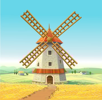 Mill on a sunny field. Wooden Mill. Wheat field. Vector illustration