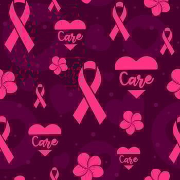 Pink seamless pattern with ribbons, hearts and flowers to raise awareness against breast cancer. International month for healthcare. Repeat texture for charity campains and women's health vector