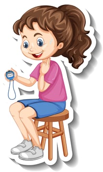 Cartoon character sticker with sport coach girl holding a timer vector