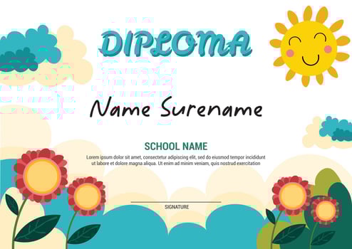 School diploma template certificate and awards for kids award apretiation flowers and sun vector
