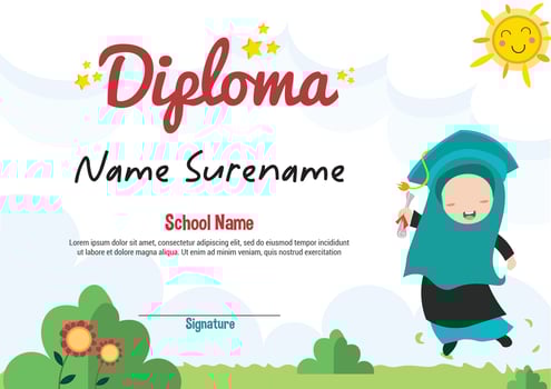 School diploma template certificate and awards for kids award apretiation with happy little school kid girl muslim character vector